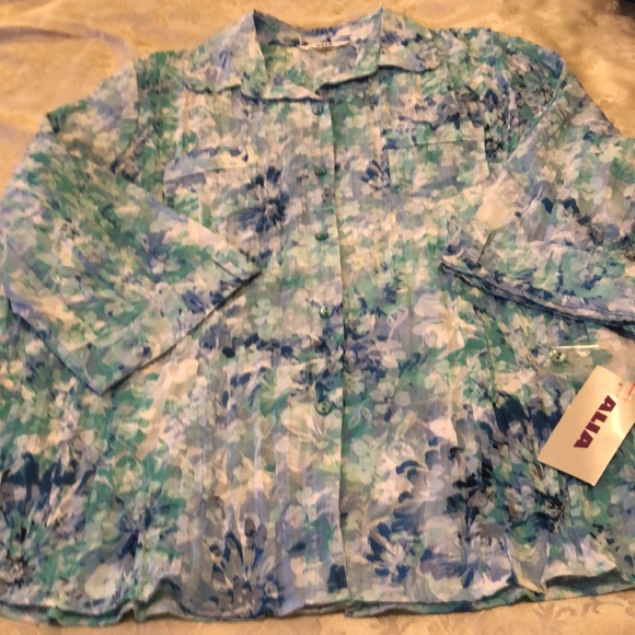 ALIA NWT SIZE 18  SOFT 3/4 SLEEVE AQUA DENIM FRONT POCKETS ROUNDED COLLAR #025 - Picture 7 of 12